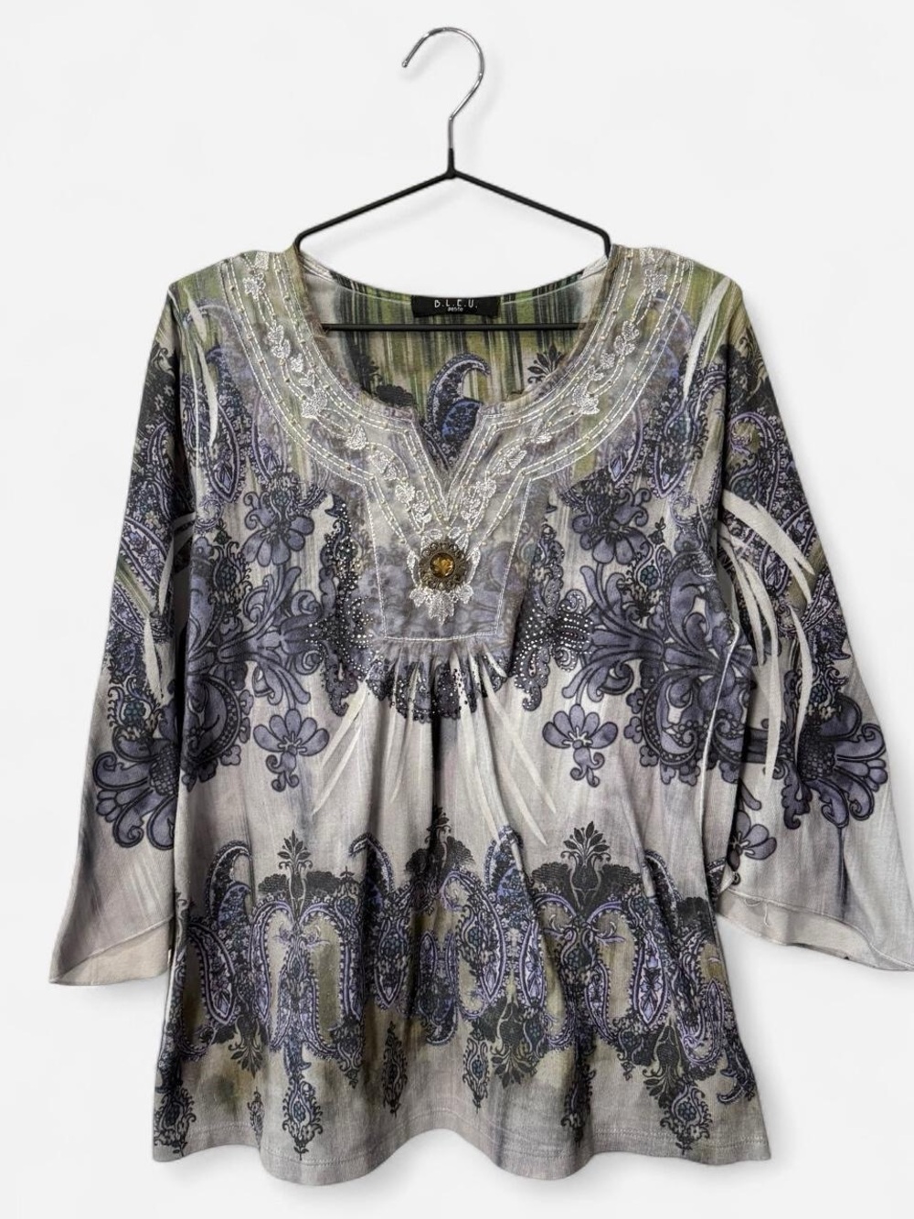 Witchy Fall Boho Embellished Paisley Scoop Neck Top in Gray Whimsy Purple
